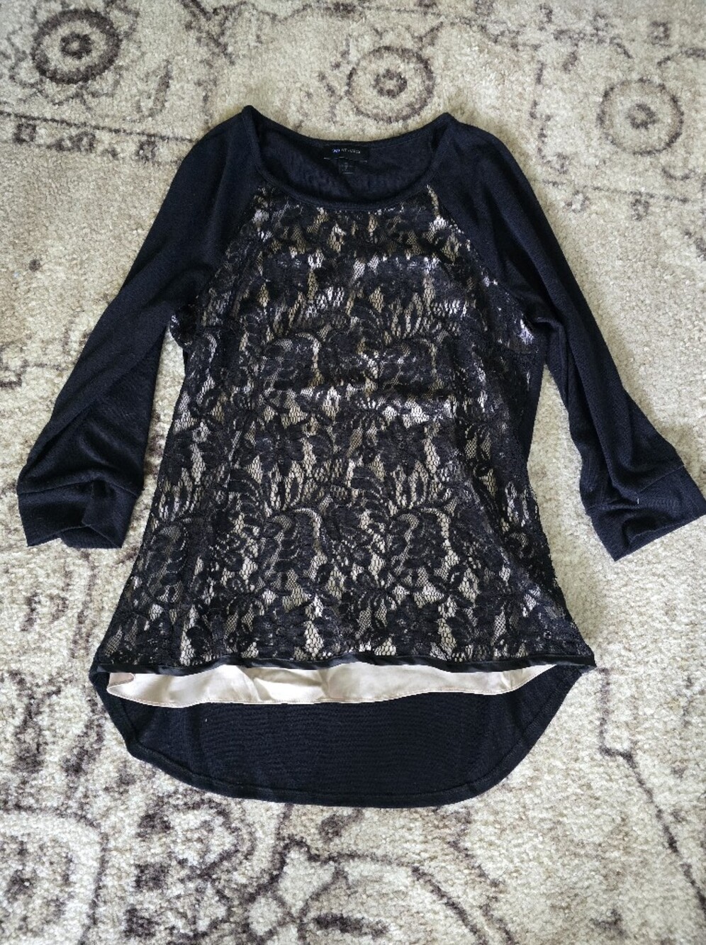 AB Studio Black Lace Front 3/4 Sleeve Top with Beige Lining